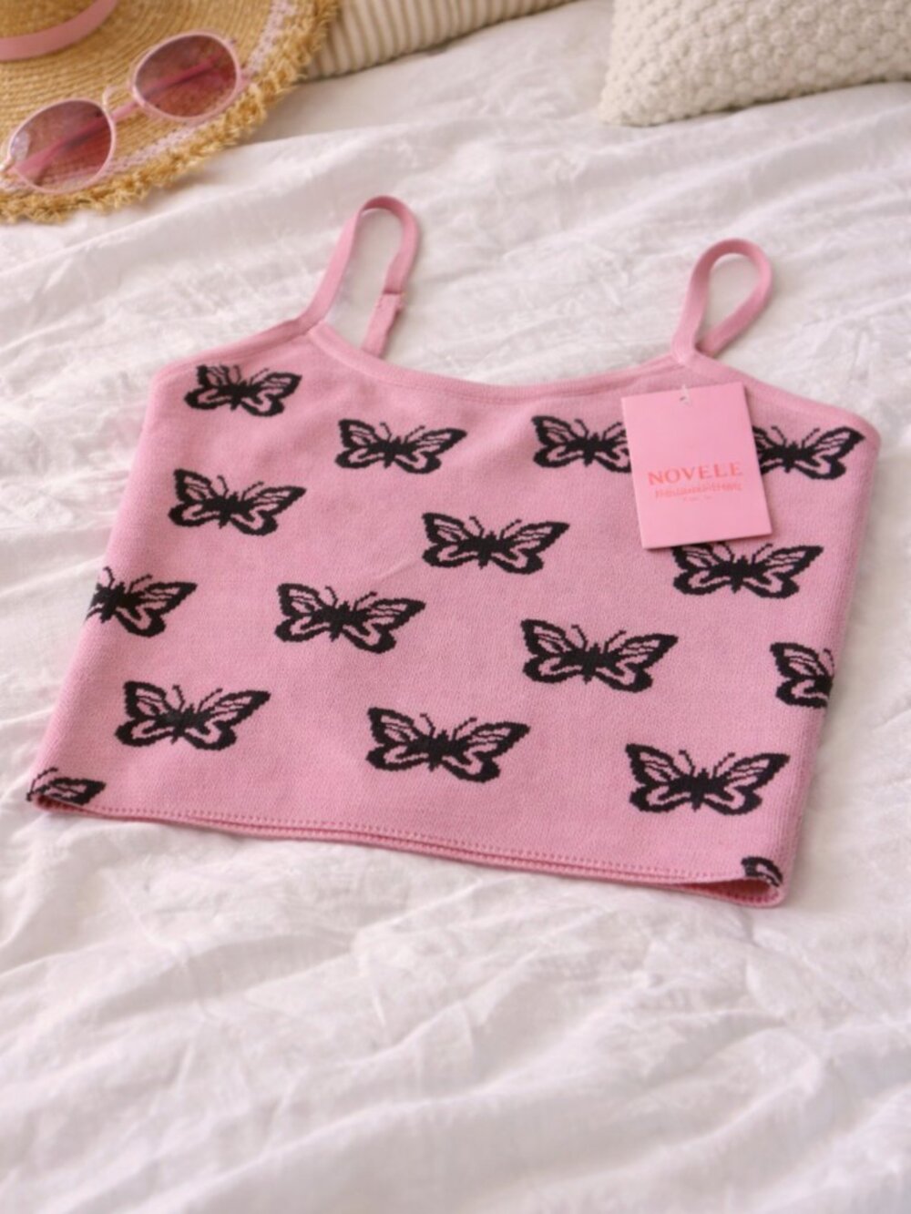 Pink Butterfly Print Knit Crop Top Cami Y2K Coquette Sleeveless -Juniors Size M